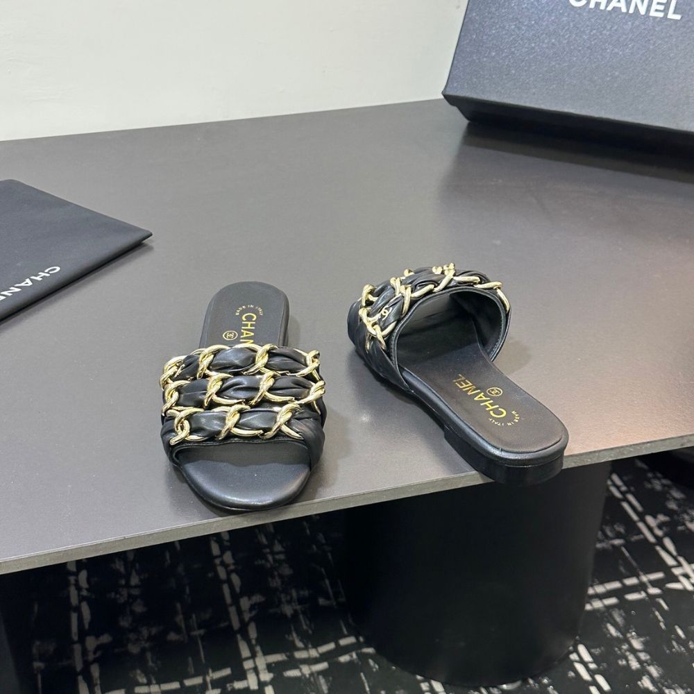 Chanel Slide Sandals Gold Chain Black