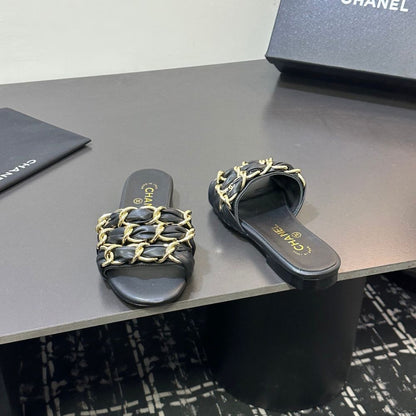 Chanel Slide Sandals Gold Chain Black