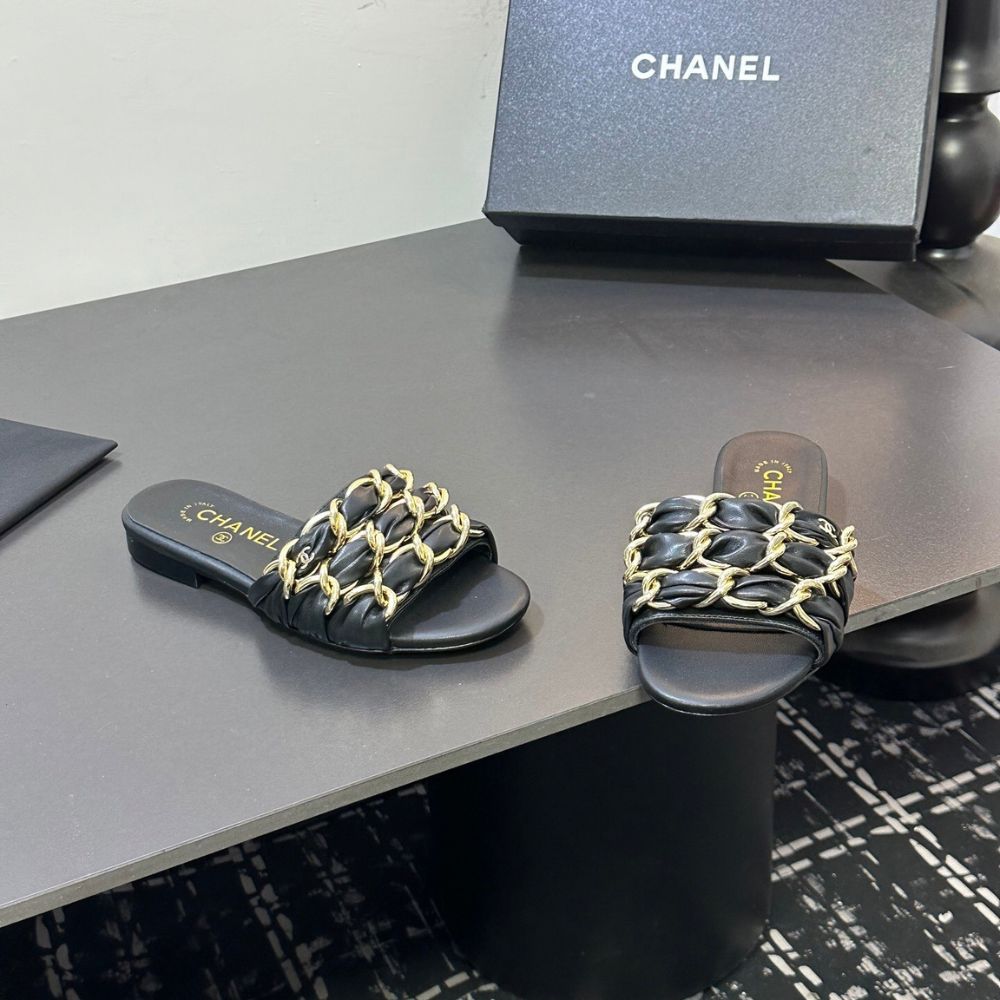 Chanel Slide Sandals Gold Chain Black