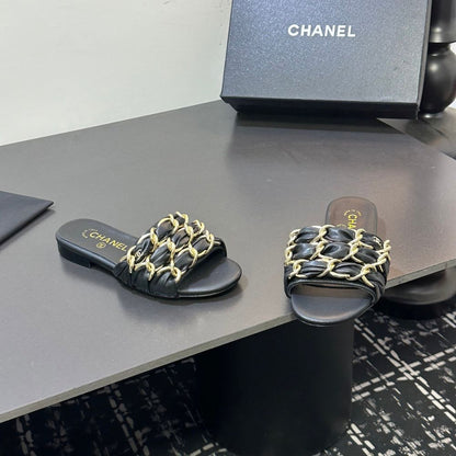 Chanel Slide Sandals Gold Chain Black