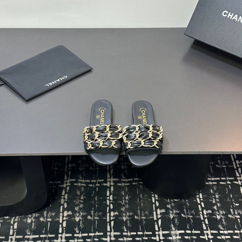 Chanel Slide Sandals Gold Chain Black