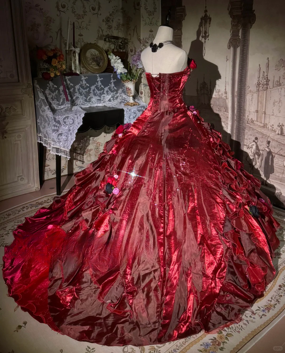 Elegant Burgundy Strapless 3D Floral & Ruffled Satin Layers Ball Gown TP5132