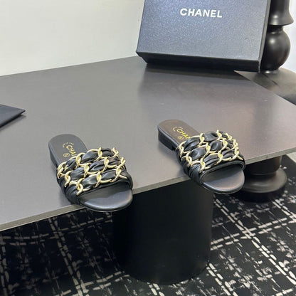 Chanel Slide Sandals Gold Chain Black