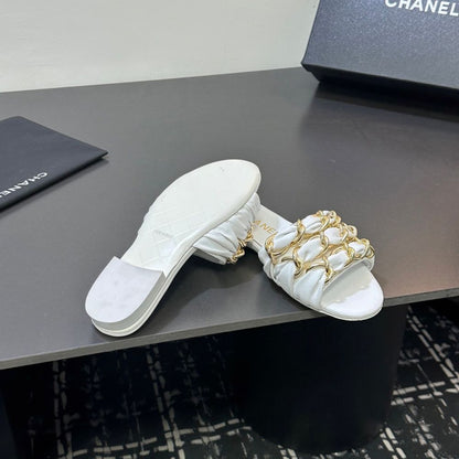 Chanel Slide Sandals Gold Chain White