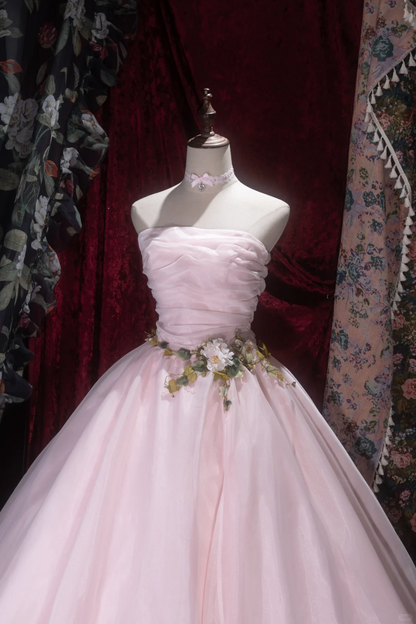 Gorgeous Pink Strapless Tulle Floral Ball Gown Evening Dress TP5793