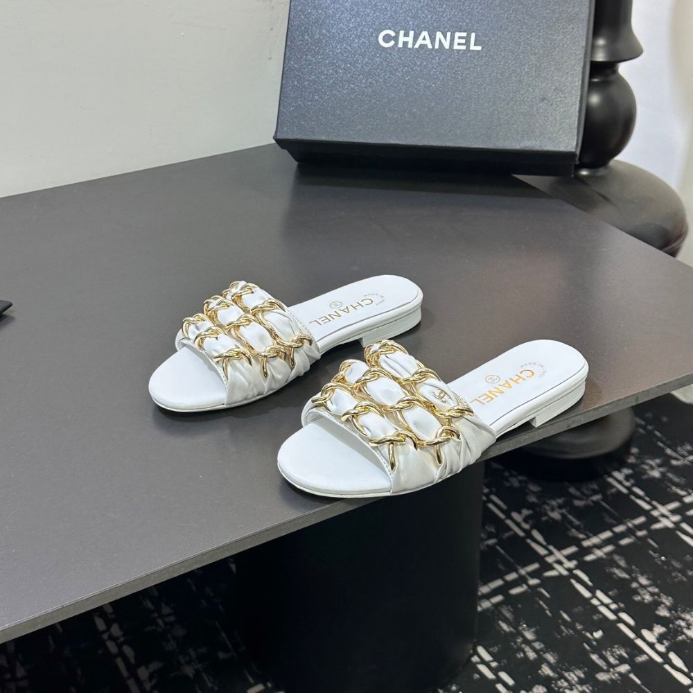 Chanel Slide Sandals Gold Chain White
