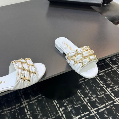 Chanel Slide Sandals Gold Chain White