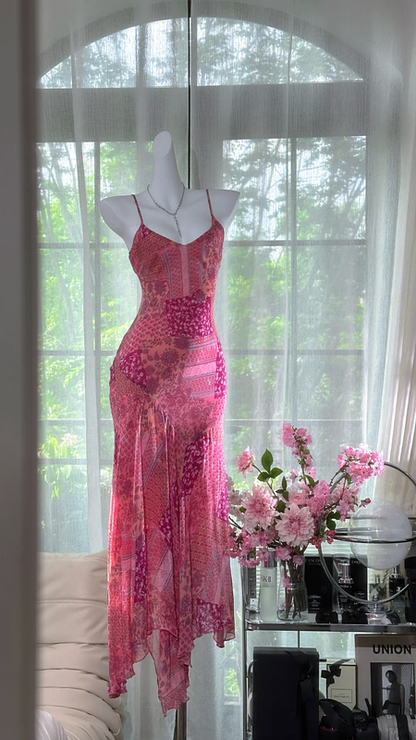 Pink floral print halter-neck fitted long ball gown R7624