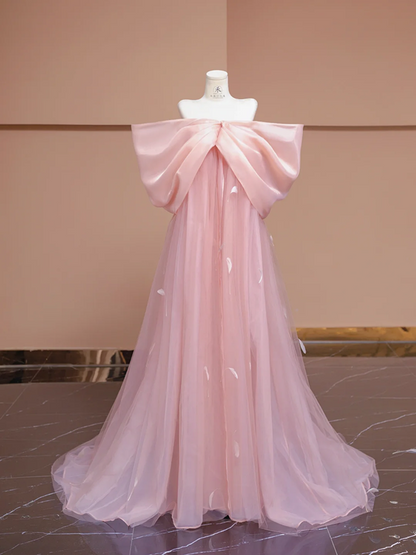 Light pink off-the-shoulder bow neckline straight long ball gown, bridal dress R8327