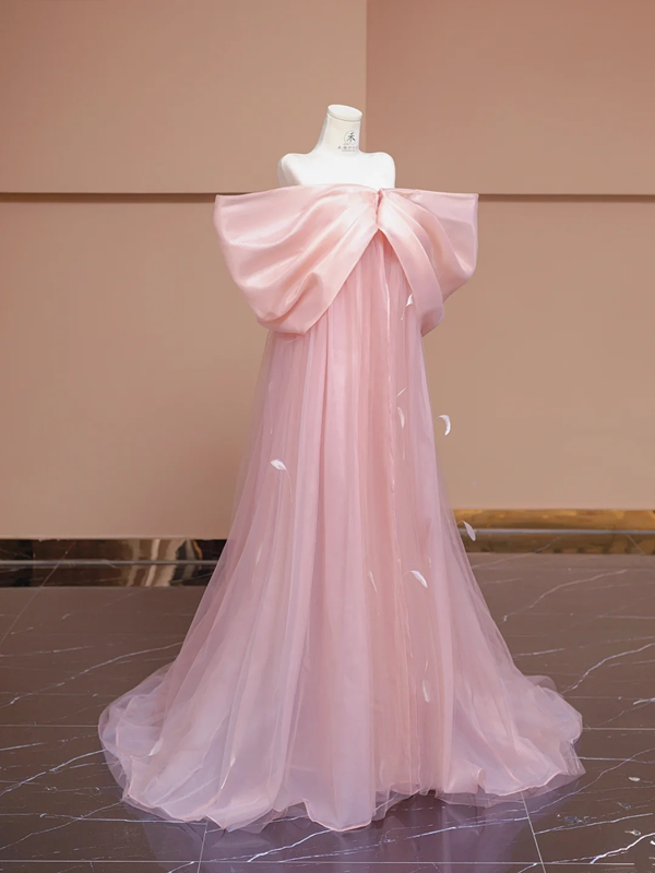 Light pink off-the-shoulder bow neckline straight long ball gown, bridal dress R8327