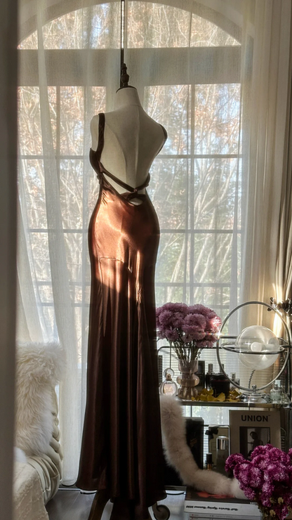 Dark brown halter-neck, fitted, backless, sexy, long ball gown R7704