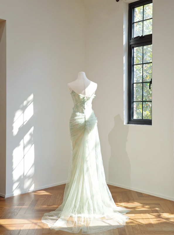 Light green strapless fitted long ball gown R8444