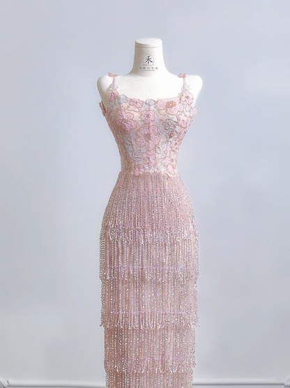 Light pink halter-neck fitted bodycon long ball gown with tassel skirt R8213