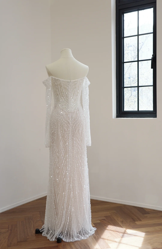 White off-the-shoulder, fitted waist, rhinestone-embellished long ball gown R8474