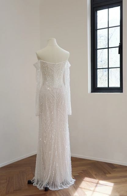 White off-the-shoulder, fitted waist, rhinestone-embellished long ball gown R8474