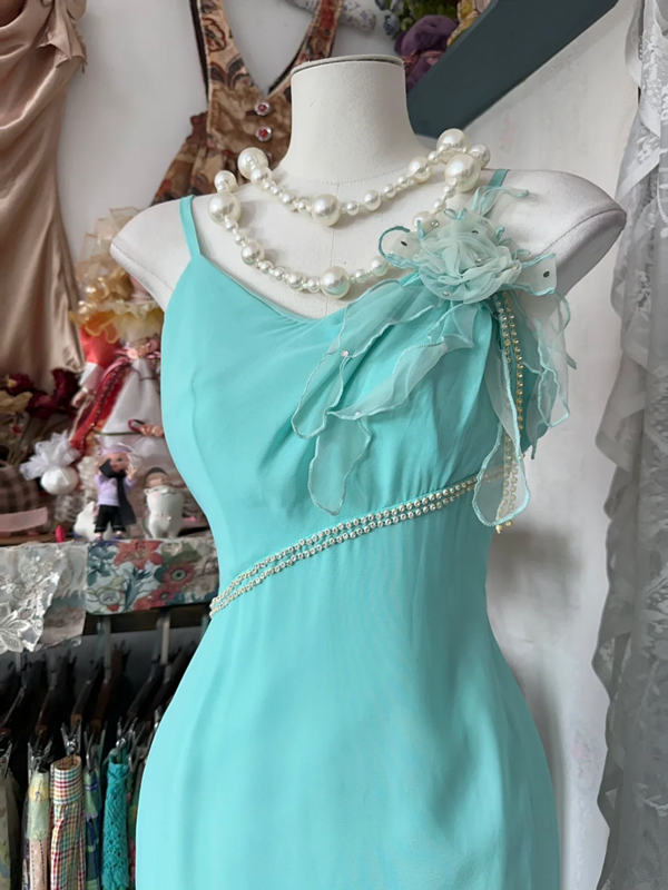 Lake blue halter-neck fitted long dress, ball gown R6348