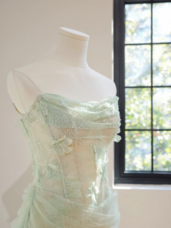 Light green strapless fitted long ball gown R8444