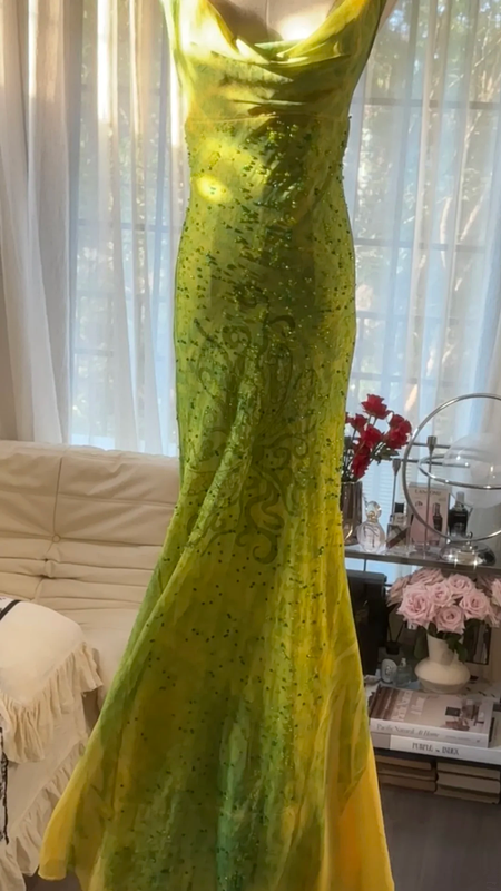 Yellow-green halter-neck, slim-fitting, bodycon long ball gown R7744