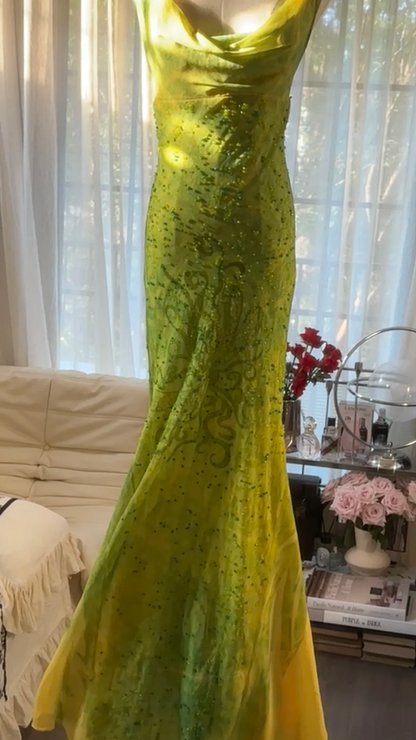 Yellow-green halter-neck, slim-fitting, bodycon long ball gown R7744
