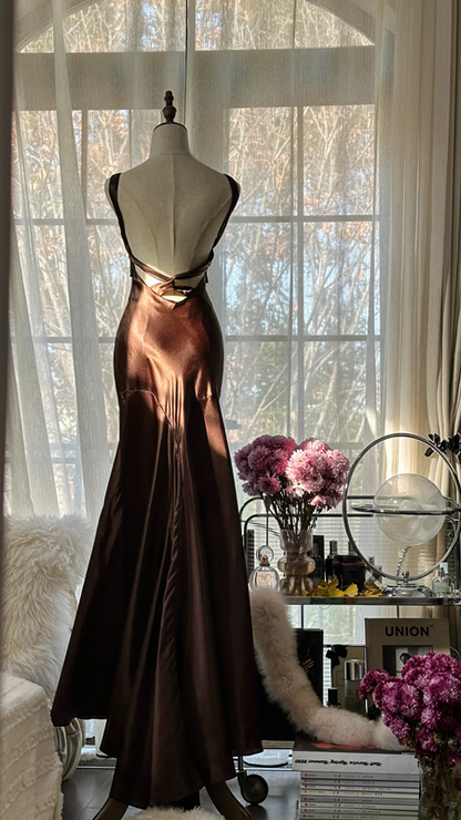 Dark brown halter-neck, fitted, backless, sexy, long ball gown R7704