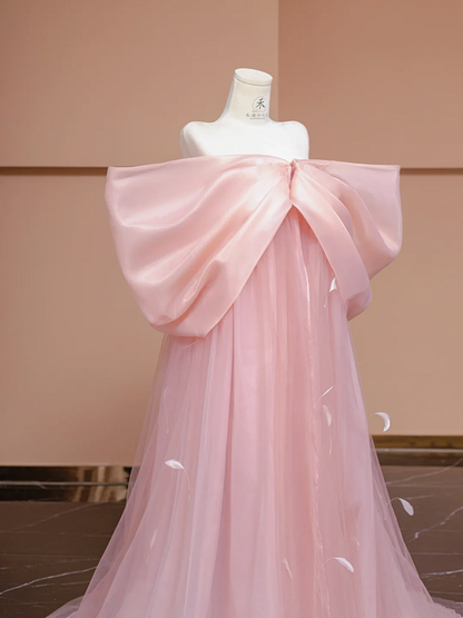 Light pink off-the-shoulder bow neckline straight long ball gown, bridal dress R8327