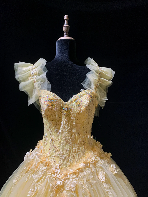 Light yellow square neckline fitted waist puff skirt long ball gown R8696