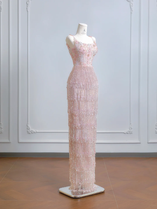 Light pink halter-neck fitted bodycon long ball gown with tassel skirt R8213