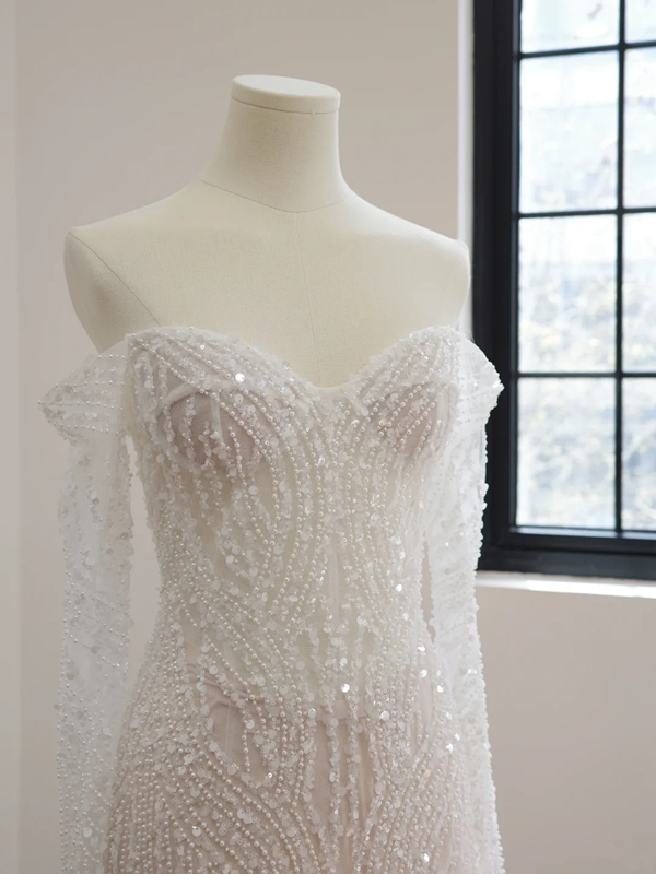 White off-the-shoulder, fitted waist, rhinestone-embellished long ball gown R8474