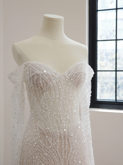 White off-the-shoulder, fitted waist, rhinestone-embellished long ball gown R8474