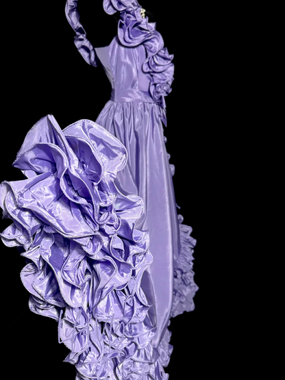Purple one-shoulder fitted waist slim-fitting long ball gown with lace skirt R6669