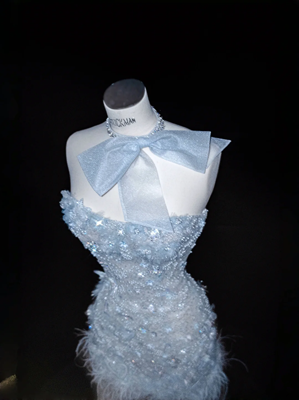 Light blue sequined tube-top slim-waisted hip-hugging fishtail maxi skirt, prom dress R5674