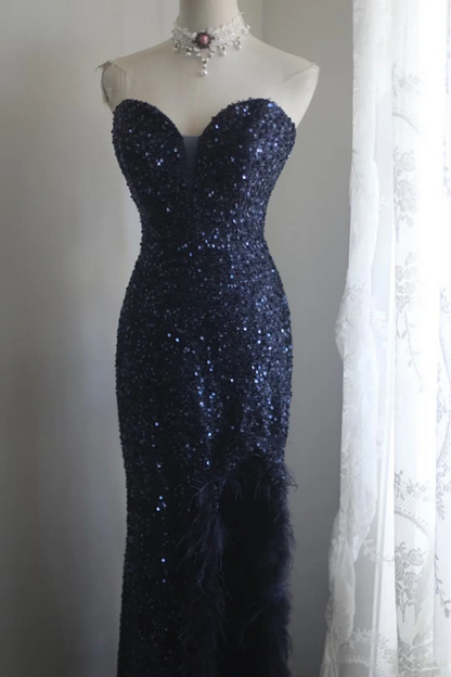 Navy blue strapless, fitted waist, sequined, sexy long ball gown R6788