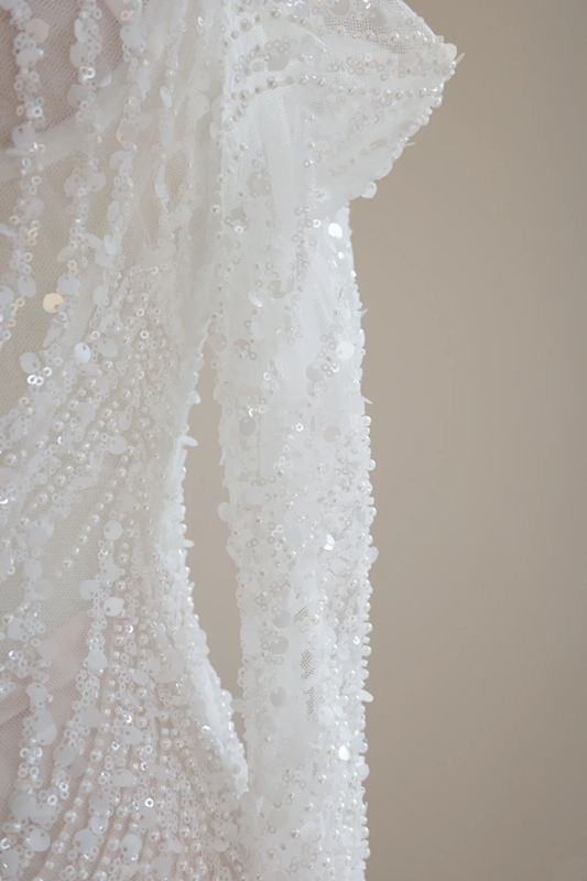 White off-the-shoulder, fitted waist, rhinestone-embellished long ball gown R8474