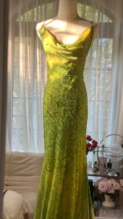 Yellow-green halter-neck, slim-fitting, bodycon long ball gown R7744