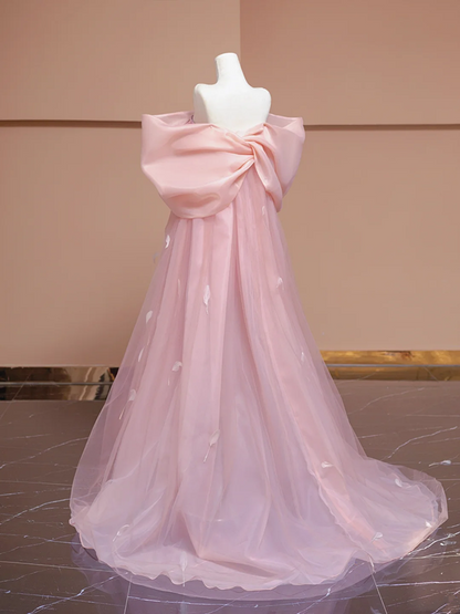 Light pink off-the-shoulder bow neckline straight long ball gown, bridal dress R8327