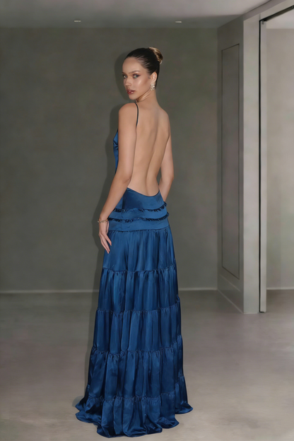 Stylish Spaghetti Straps Blue Satin A Line Long Party Dress Backless Prom Dresses SP1683