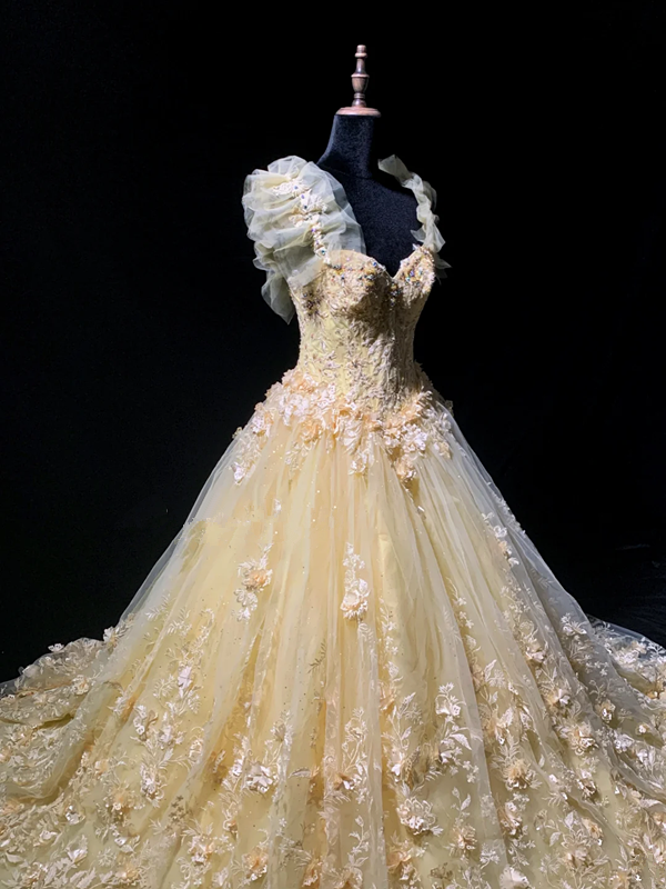 Light yellow square neckline fitted waist puff skirt long ball gown R8696