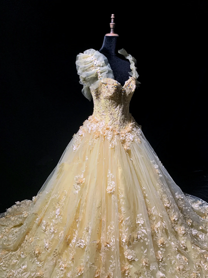 Light yellow square neckline fitted waist puff skirt long ball gown R8696