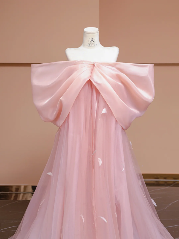 Light pink off-the-shoulder bow neckline straight long ball gown, bridal dress R8327