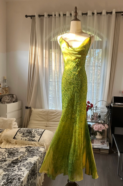 Yellow-green halter-neck, slim-fitting, bodycon long ball gown R7744