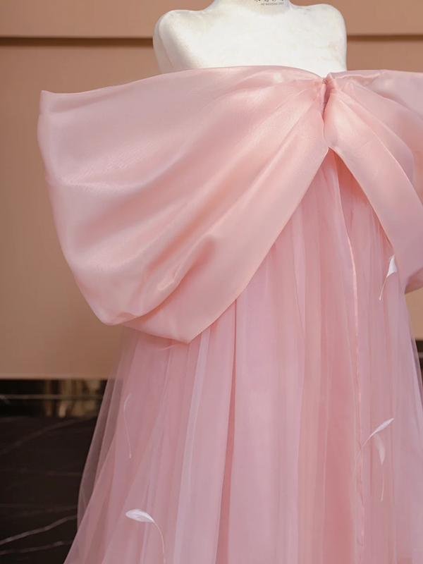 Light pink off-the-shoulder bow neckline straight long ball gown, bridal dress R8327