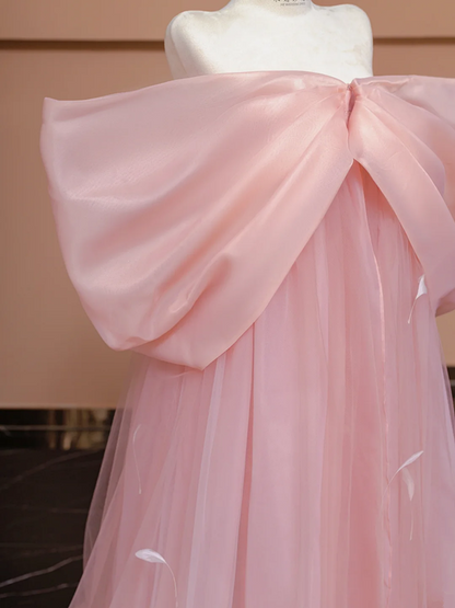Light pink off-the-shoulder bow neckline straight long ball gown, bridal dress R8327