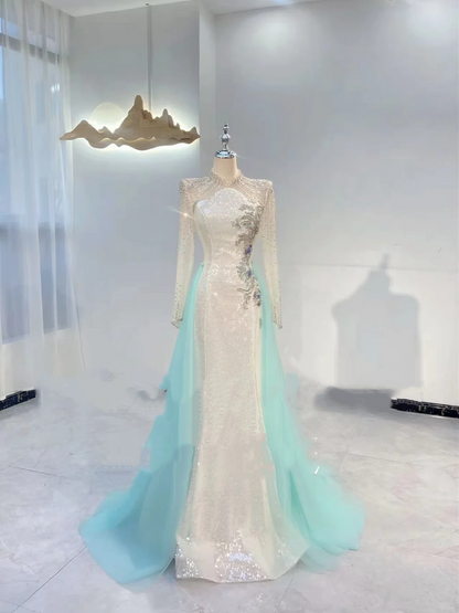 Light Blue and White Spliced Sequin Waist-Cinched Elegant Evening Dress, Fairy Gown, Romantic Gown gh7403