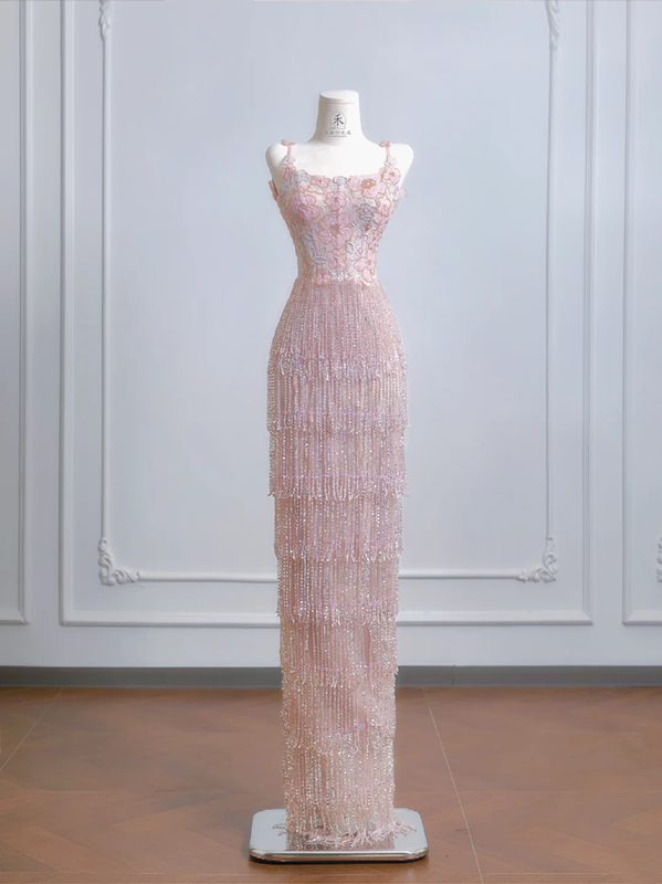 Light pink halter-neck fitted bodycon long ball gown with tassel skirt R8213