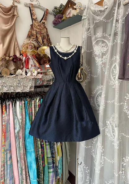 Navy blue sleeveless fitted A-line short prom dress R7467