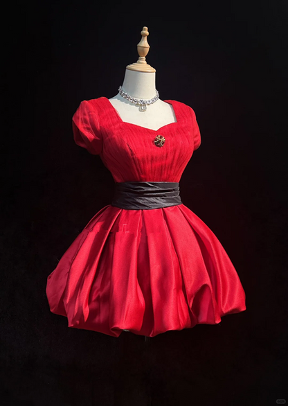 Red short-sleeved square collar waist slim fit short dress homecoming dress R4896