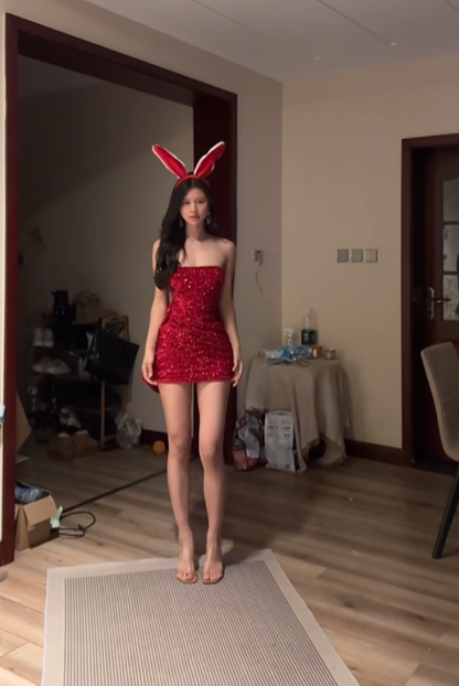 Red strapless fitted waist slim hips sexy short ball gown R7548