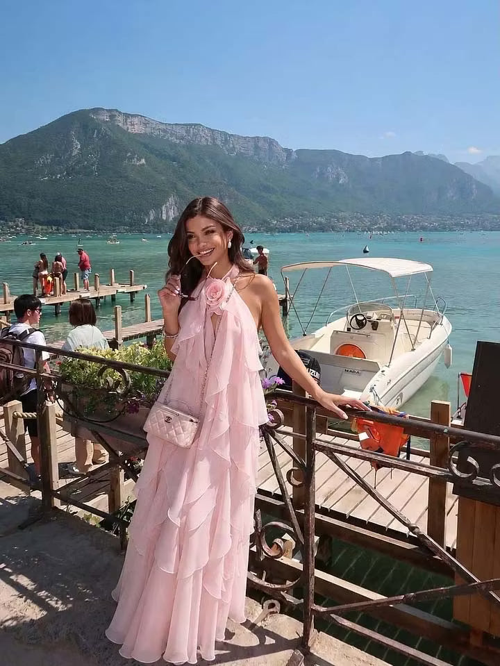 Vintage Pink Halter-Neck Chiffon 3D Rose Floral Tiered Ruffle A-Line Party Evening Gown TP5896