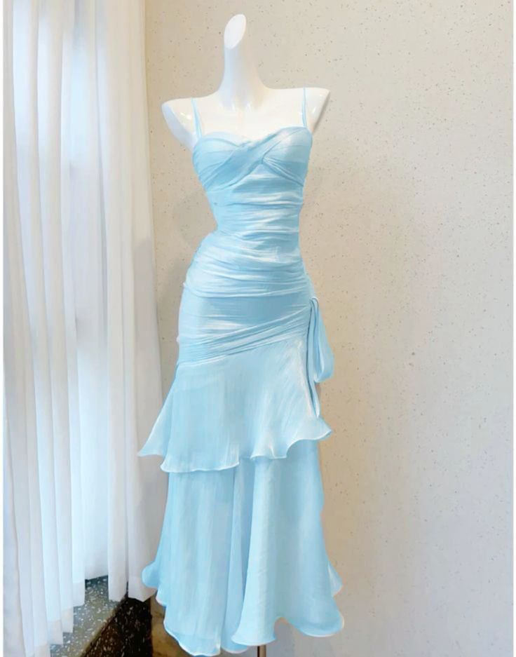 Girlhomeshops-Blue elegant ruffled new style spaghetti strap long chiffon Prom Dress evening dress gh5254