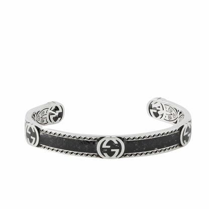GUCCI CUFF BRACELET INTERLOCKING GG STERLING SILVER BLACK ENAMEL